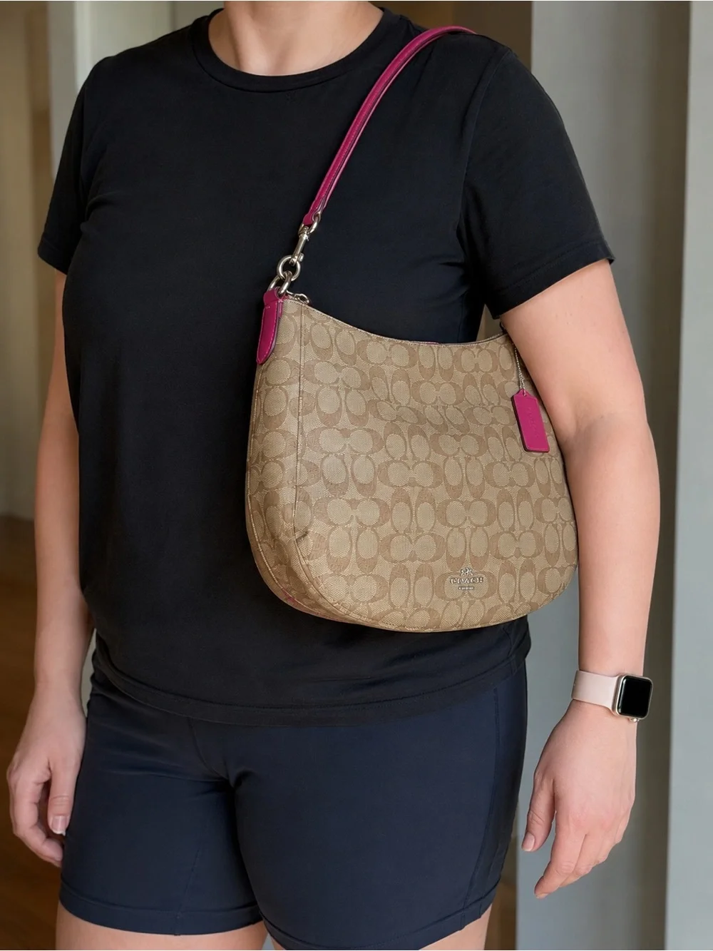 Coach Signature Canvas Elle Hobo Bag Khaki/Blossom Pink Convertible Crossbody - Picture 1 of 9